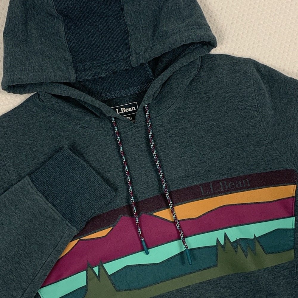 L.L. Bean Comfort Camp Hoodie Womens M Teal Graphic Mountain Pullover 505617